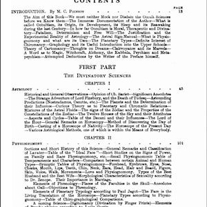 May include: A page from an old book, displaying the title "CONTENTS" at the top. The text details an introduction, chapters on astrology and physiognomy, and various subheadings. Page number 13 is visible.