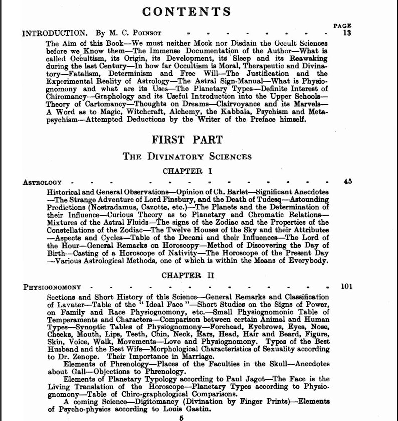 May include: A page from an old book, displaying the title "CONTENTS" at the top. The text details an introduction, chapters on astrology and physiognomy, and various subheadings. Page number 13 is visible.