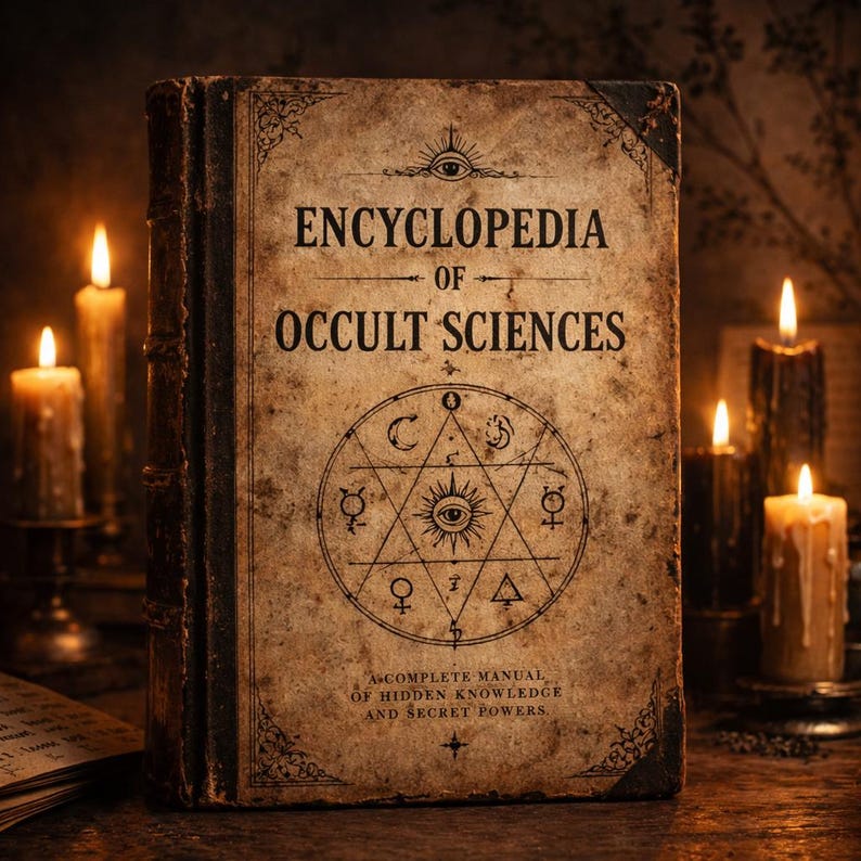 May include: An antique book, "Encyclopedia of Occult Sciences", with a detailed symbol illustration. The cover has a distressed, aged look. Lit candles surround the book, creating a mystical ambiance. The text "A Complete Manual of Hidden Knowledge and Secret Powers" is also visible.