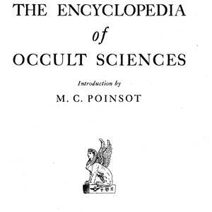 May include: A book cover with the title "THE ENCYCLOPEDIA of OCCULT SCIENCES" in black text. Below the title is "Introduction by M. C. POINSOT". A sphinx illustration is at the bottom. The background is white.
