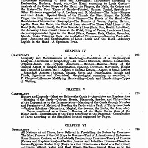 May include: A vintage book page featuring text on chiromancy, graphology, cartomancy, and oniromancy. The black text is printed on aged, off-white paper, with chapter headings and page numbers.