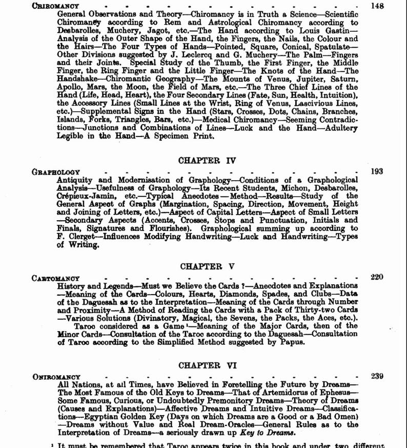 May include: A vintage book page featuring text on chiromancy, graphology, cartomancy, and oniromancy. The black text is printed on aged, off-white paper, with chapter headings and page numbers.