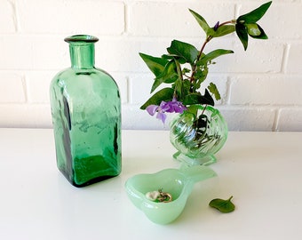 Mid century green glass hand blown bottle / decanter - vintage green glass vase - mid century glass