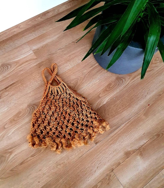 Stunning vintage 70s rope macrame rattan carrier s