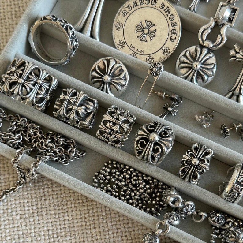 Chrome hearts Style Ring,Silver Flower Cross Ring,Forever Ring,Cemetery Ring,Dagger Ring,Fleur Ring,Punk Ring,Band Ring,Eternity Vine Ring,Spacer Ring,Heart Ring,Floral Ring,Rolling Stones Ring,Star Ring,Fuck You Ring,Cross Tail Ring,Label Ring,Gifts