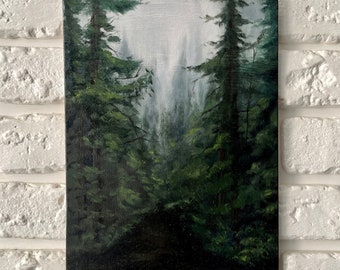 Forest oil painting, original canvas art, dark forest art, fir pine tree painting, moody landscape, gothic wall art, dark academia decor