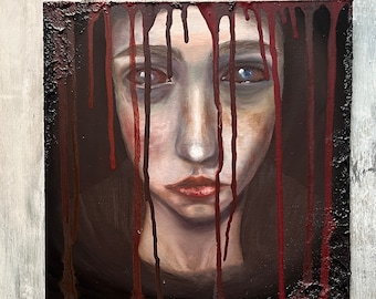 Peinture gothique originale, art mural sombre, peinture de mauvaise humeur, peinture de portrait humain, art noir rouge foncé, peinture de portrait surréaliste, art de l'horreur