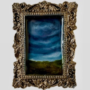 Stormy Field Miniature Art – Dark Landscape with Thunder Sky – Gothic Nature Painting in Bronze Frame – Emotional Tiny Wall Gift