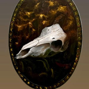 Original Deer Skull Oil Painting: Dark Gothic Nature Art on Wood (9x6 inch