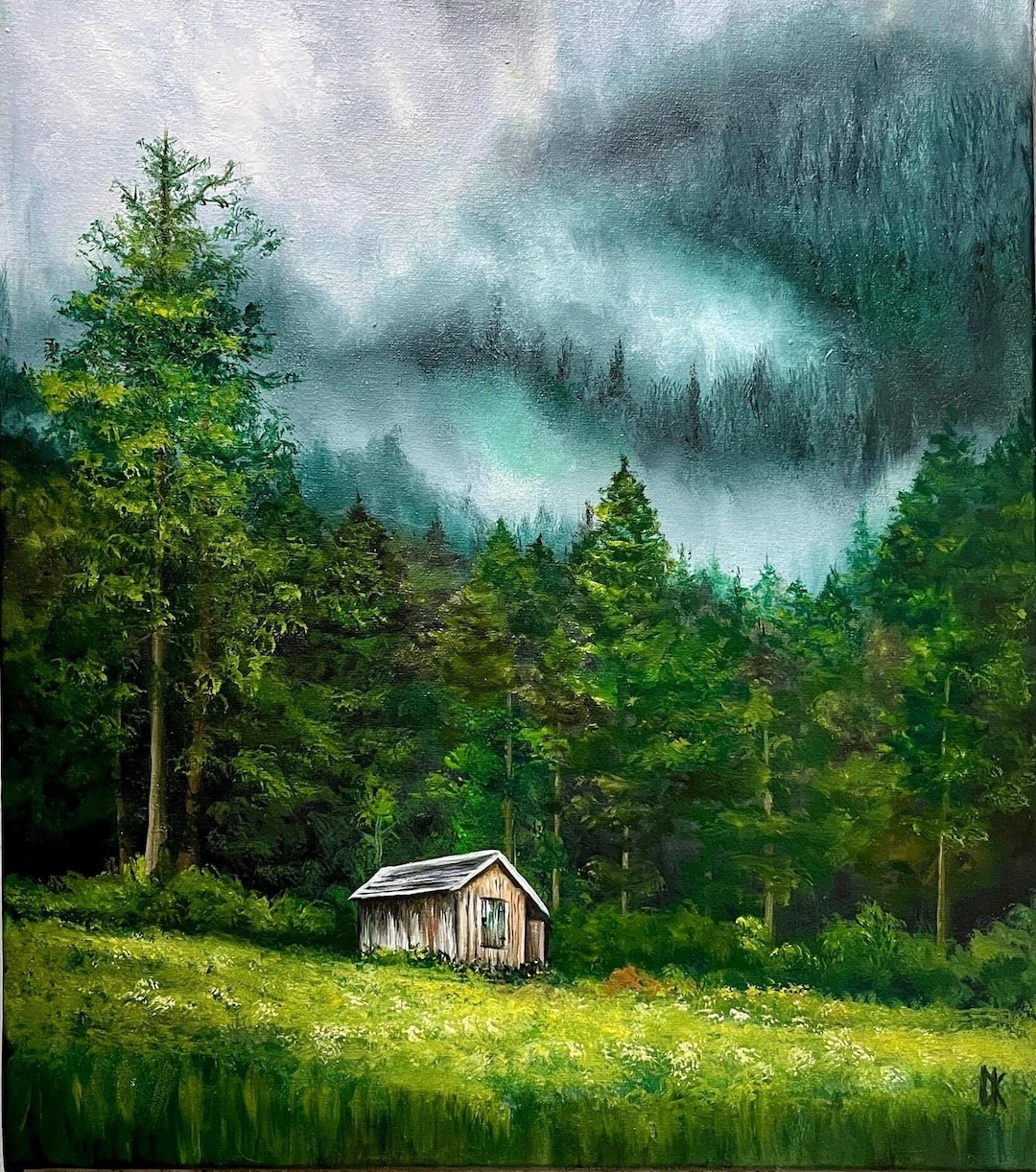 Original Oil Painting: Misty Forest Landscape, House in Woods - Etsy