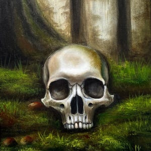 Dark Academia Skull Painting – Gothic Wall Art on Canvas 30x40 cm – Macabre Forest Decor, Gothic Aesthetic Oil Painting, Creepy Home Decor