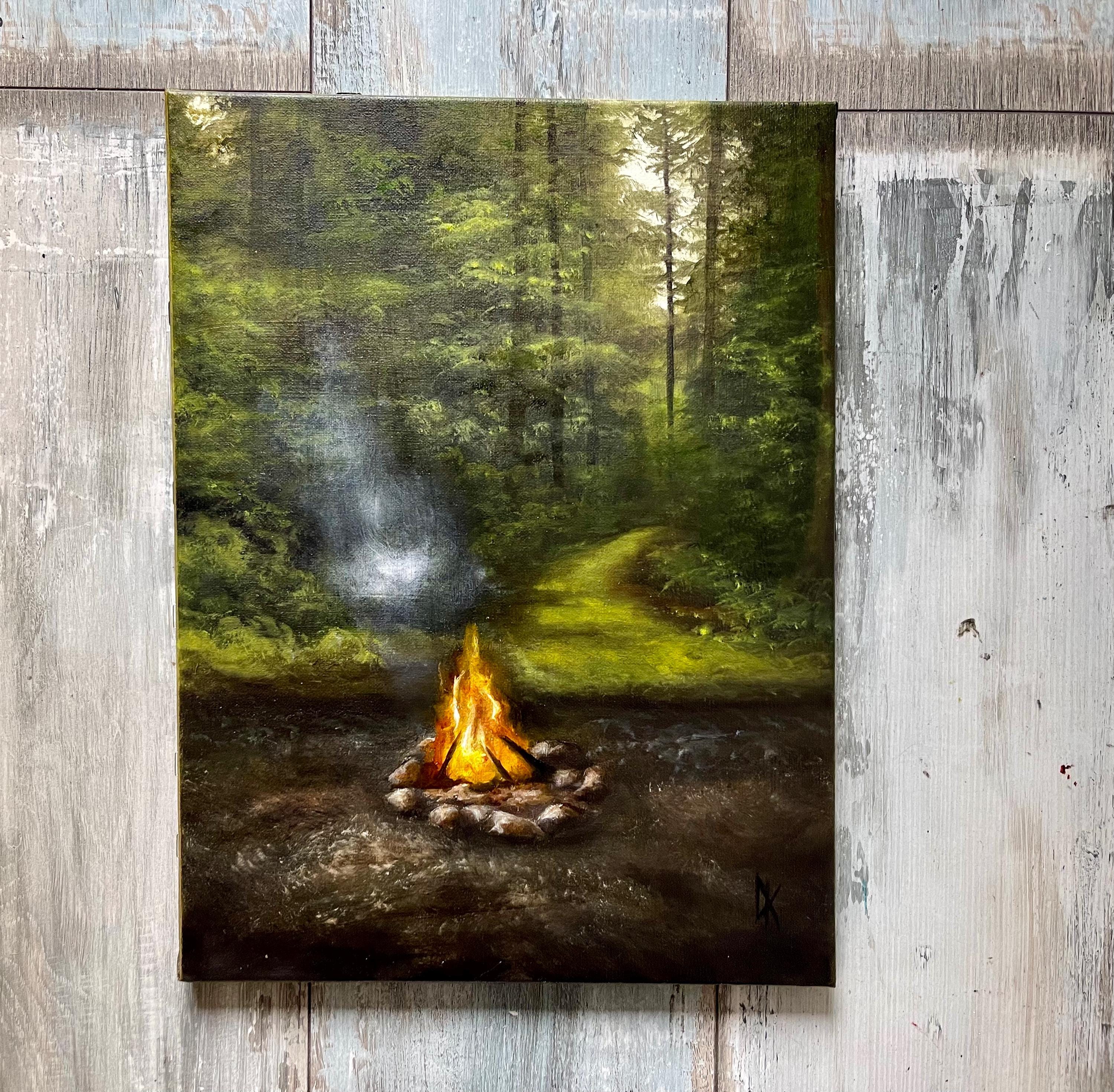 森の中の焚き火を描いた油絵、神秘的な森の風景画（12 x 16インチ