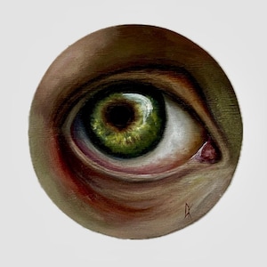 Green Eye Painting • Round Eye Wall Art • Original Oil Painting on Wood • Creepy Eyeball Art • Horror Art Decor • Gothic Wall Hanging • 20cm