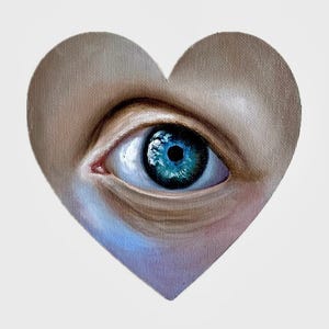 Pintura de Ojo en Forma de Corazón – Obra Original Surrealista 15 x 15 cm (6 x 6 pulgadas) – Pintura Emocional al Óleo sobre Lienzo de Cartón – Arte de Pared Ojo Azul