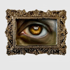 Fiery Eye – Miniature Framed Painting with Sculptural Depth, Symbolic Vision in Ornate Frame, Mystical Wall Art