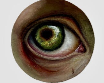Green Eye Oil Painting: realistic Gothic Horror Art on Wood (20cm Round Canvas)