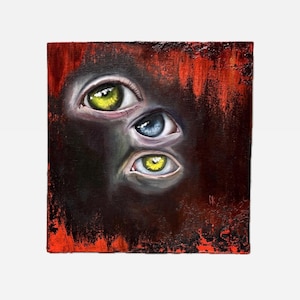 Creepy Eyes Oil Painting: Surreal Dark Realism Horror Art, 30x30 cm