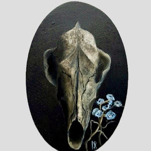 Skull and Flower Oil Painting: Gothic Dark Academia Framed Art