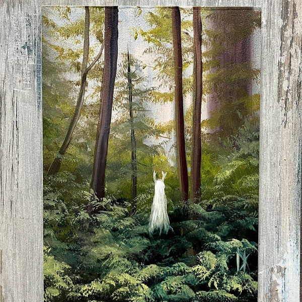 Dipinto della foresta oscura, opere d'arte ad olio originali, horror inquietante, piccolo dipinto forestale, pittura ad olio gotica, pittura dello spirito della foresta