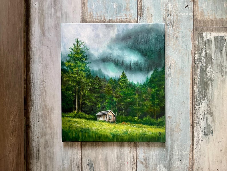 Original Oil Painting: Misty Forest Landscape, House in Woods - Etsy
