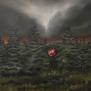Dipinto a olio originale, foresta notturna, arredamento accademico oscuro, dipinto a olio gotico, arte horror inquietante, arte post-apocalittica, paesaggio lunatico
