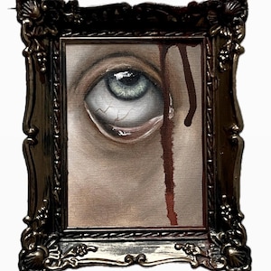 Lovers eye original painting, framed oil art, gothic oil painting, horror eerie creepy, human eye art, gold eye painting, bloody art