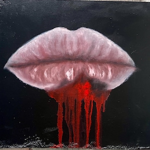 May include: A close-up of a painting depicting a pair of lips dripping with red paint. The lips are painted in a realistic style, with a light pink colour and a glossy finish. The red paint drips down from the lips, creating a dramatic and unsettling effect.