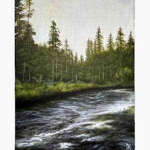 Forest River Oil Painting: Dark Green Landscape Wall Art, 30x40 cm