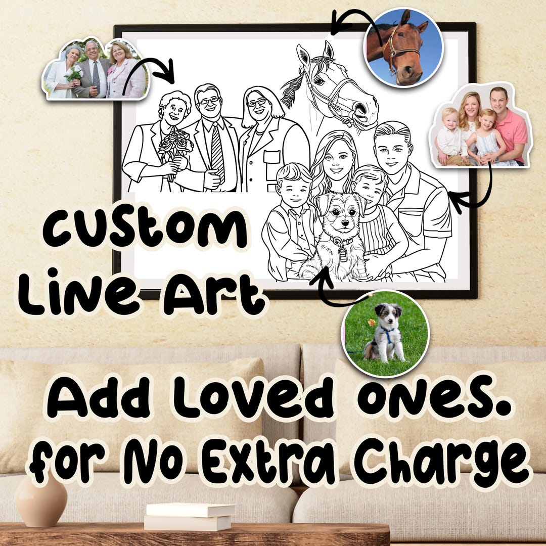 Custom Family Drawing From Multiple Photos, Line Art Style, Add Loved ...