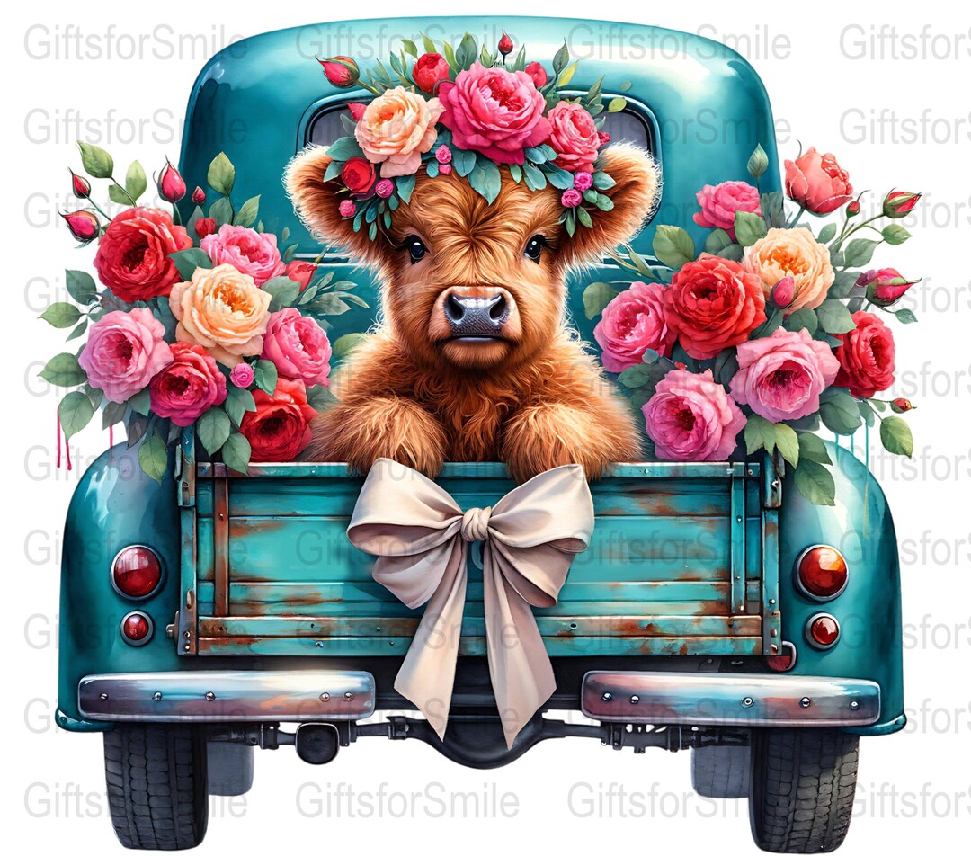 Cow Print Roses Floral Highland Cow, Vintage Truck Art (digital Download) - Etsy