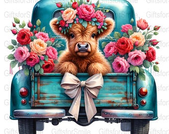 Roses Truck Floral Highland Cow Sublimation Digital Download PNG, Vintage Truck Floral Cow Art, Country Farmhouse Print, Coquette bow cow