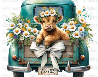 Daisies Floral Truck with Cute Baby Highland Cow Sublimation, Spring Digital Download PNG, Vintage Truck with Flowers, Cute Couqette Bow png