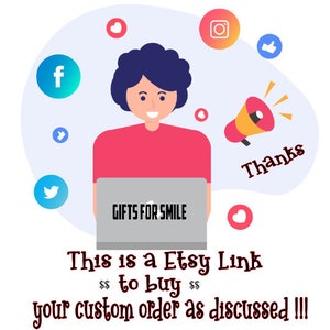 May include: A smiling person is sitting at a laptop with the text "GIFTS FOR SMILE" on the screen. The person is surrounded by social media icons, including Facebook, Instagram, Twitter, and a heart. The text "This is a Etsy Link $$ to buy $$ your custom order as discussed!!!" is below the laptop. The text "Thanks" is in the upper right corner of the image.