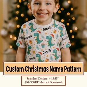 Anpassat julmönster med namn, sömlös design för barndinosaurier, personligt mönster, digital nedladdning av sublimeringstyg för högtider, 300 DPI