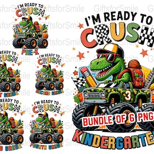 Back to School PNG Bundle, Dinosaur Monster Truck, Ready to Crush Design, Prek to 4th Grade Clipart, School Sublimation, Digital Download