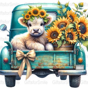 Sunflowers Truck Floral Highland Cow Sublimation Digital Download PNG Farmhouse Decor Country Style Clipart, Baby Highland cow on Truck png