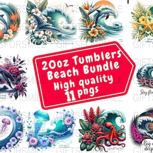 May include: A collection of 11 PNG images for 20oz tumblers, featuring beach-themed designs. The images include dolphins, whales, starfish, and octopuses with ocean waves and floral accents. Text includes "Ride the wave, feel the peace" and "20oz Tumblers Beach Bundle High quality 11 pngs".