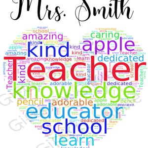 Pode incluir: Uma nuvem de palavras colorida em forma de coração com as palavras "Mrs. Smith" no topo. As palavras na nuvem incluem "professor", "escola", "conhecimento", "carinhoso", "amigável", "incrível", "dedicado", "aprender", "adorável", "maçã" e "lápis".