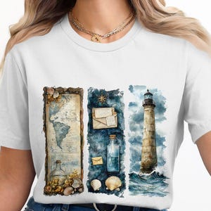 Coups de pinceau Ocean Ong, impression d'art carte nautique, phare de bouteilles de coquillages, décoration côtière, téléchargement numérique sur le thème de l'océan png thumbnail