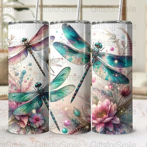 Dragonfly Fantasy Art Tumbler Png, Colorful Tumbler Sublimation Design, 20oz Skinny Tumbler Wrap, Magical Floral Tumbler PNG