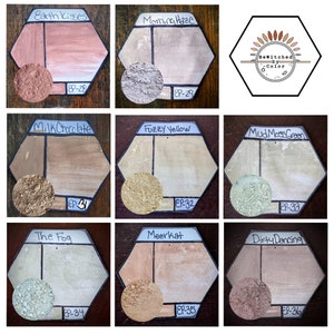 Puede incluir: Nueve muestras de pintura hexagonales con nombres y n&uacute;meros. Los nombres son Earth Kisses, Morning Haze, Milk Chocolate, Fuzzy Yellow, Mud Moss Green, The Fog, Meerkat y Dirty Dancing. Los n&uacute;meros son 8P-28, EP-29, EP-31, EP-32, EP-33, EP-34, EP-35 y EP-36. Las muestras est&aacute;n dispuestas en tres filas de tres. La fila superior tiene un logotipo para BeWitched by Color.