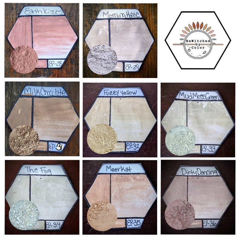 Puede incluir: Nueve muestras de pintura hexagonales con nombres y n&uacute;meros. Los nombres son Earth Kisses, Morning Haze, Milk Chocolate, Fuzzy Yellow, Mud Moss Green, The Fog, Meerkat y Dirty Dancing. Los n&uacute;meros son 8P-28, EP-29, EP-31, EP-32, EP-33, EP-34, EP-35 y EP-36. Las muestras est&aacute;n dispuestas en tres filas de tres. La fila superior tiene un logotipo para BeWitched by Color.