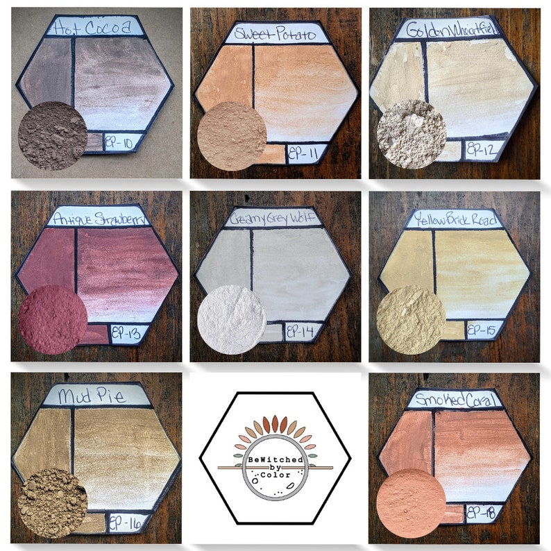 Puede incluir: Nueve muestras de pintura en contenedores hexagonales con fondo blanco. Cada contenedor tiene una muestra de color y una peque&ntilde;a muestra de pintura en polvo. Los colores son: Chocolate caliente, Patata dulce, Trigo dorado, Fresa antigua, Lobo gris cremoso, Camino de ladrillo amarillo, Pastel de barro y Coral ahumado.