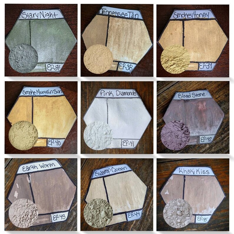 Puede incluir: Nueve muestras de pintura hexagonales con nombres y n&uacute;meros. Las muestras est&aacute;n dispuestas en tres filas de tres. Los colores son: Noche estrellada, Bronceado de Tennessee, Miel ahumada, Sol de monta&ntilde;a ahumada, Diamantes rosas, Piedra de sangre, Lombriz de tierra, Reina del pantano y Beso caqui.