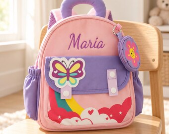 Personalized Kids Backpack with Embroidered Name, Pink Butterfly or Blue Rocket