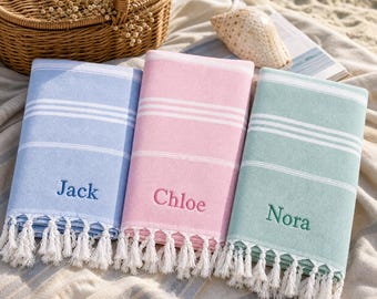 Personalized Beach Towel with Name, Embroidered Turkish Cotton Pool Towel, Custom Kids Beach Towel, Oversized Family Vacation Gift