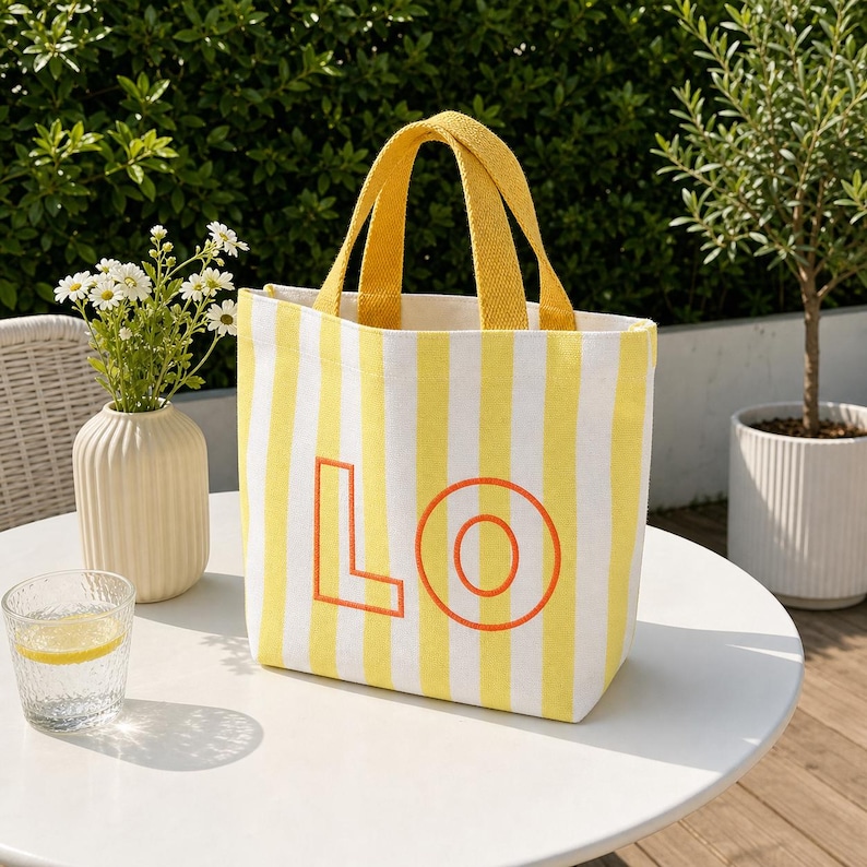 May include: A canvas tote bag featuring vertical yellow and white stripes with two yellow fabric handles. The front of the bag displays the letters LO in a bold orange outline. The bag has a rectangular shape and is constructed from fabric.