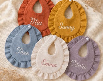 Personalized Ruffle Baby Bib, Custom Embroidered Name Muslin Bib, Baby Shower Gift, Newborn Girl Boy Bib, Cotton Drool Bib