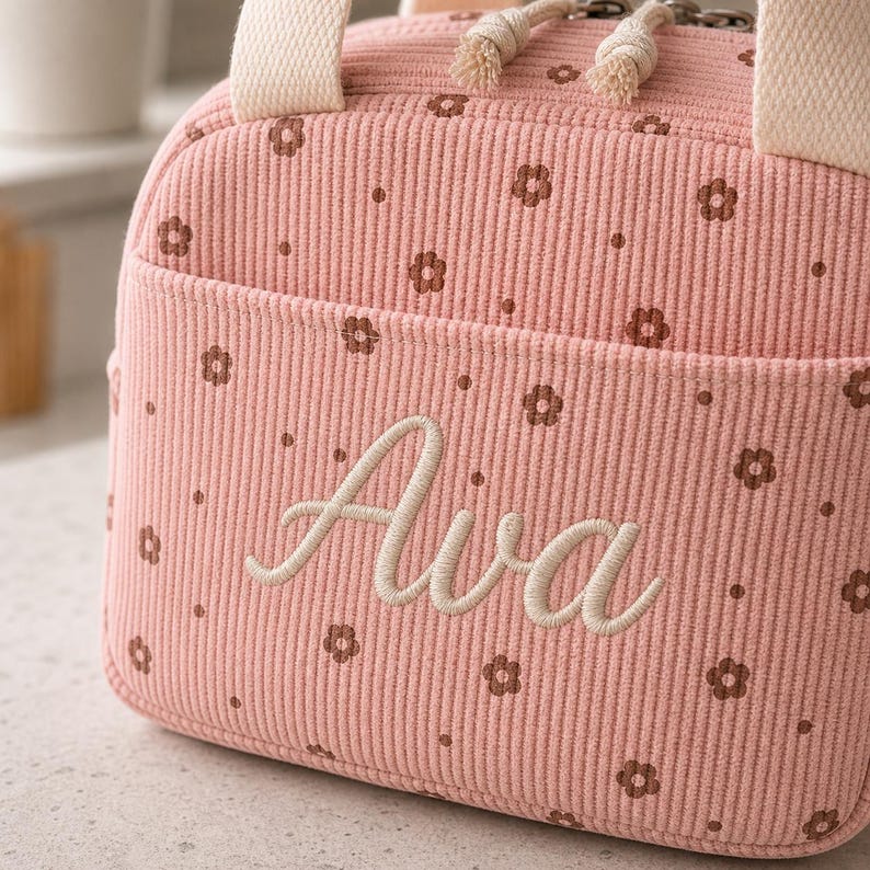 May include: A pink corduroy lunch bag featuring a repeating pattern of small brown flowers. The front pocket is embroidered with the name Ava in cream-colored script. The bag includes cream-colored fabric handles and a zipper with two knotted pulls.
