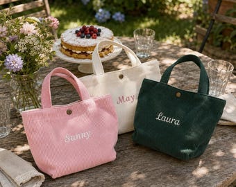 Personalized Corduroy Tote Bag, Custom Name Embroidered Handbag, Small Shoulder Bag, Gift for Her, Bridesmaid Gift